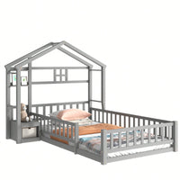Cozy Twin Size House-Shaped Bed Frame With Guardrails, Slats, And Nightstand - Gray Finish