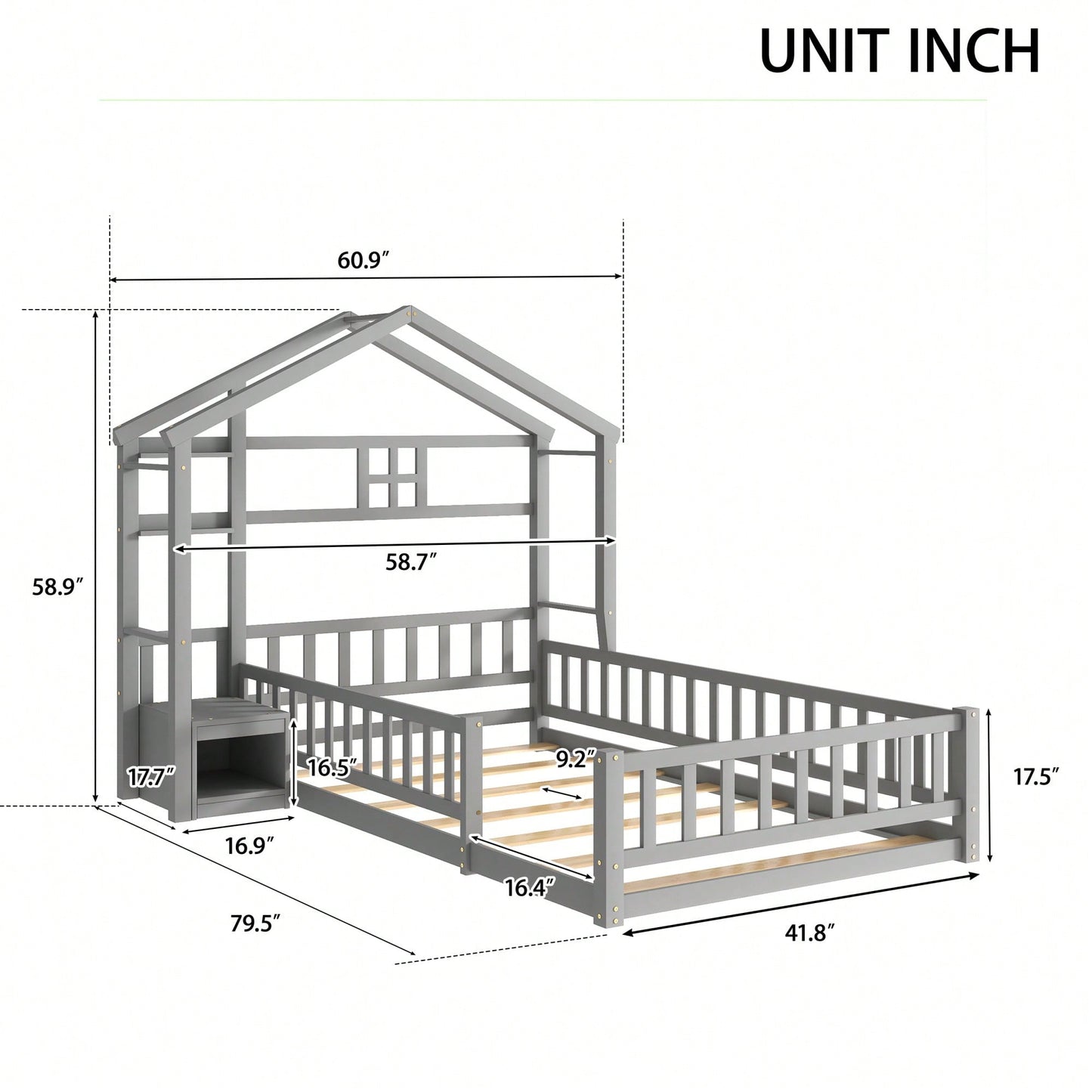 Cozy Twin Size House-Shaped Bed Frame With Guardrails, Slats, And Nightstand - Gray Finish