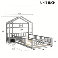 Cozy Twin Size House-Shaped Bed Frame With Guardrails, Slats, And Nightstand - Gray Finish