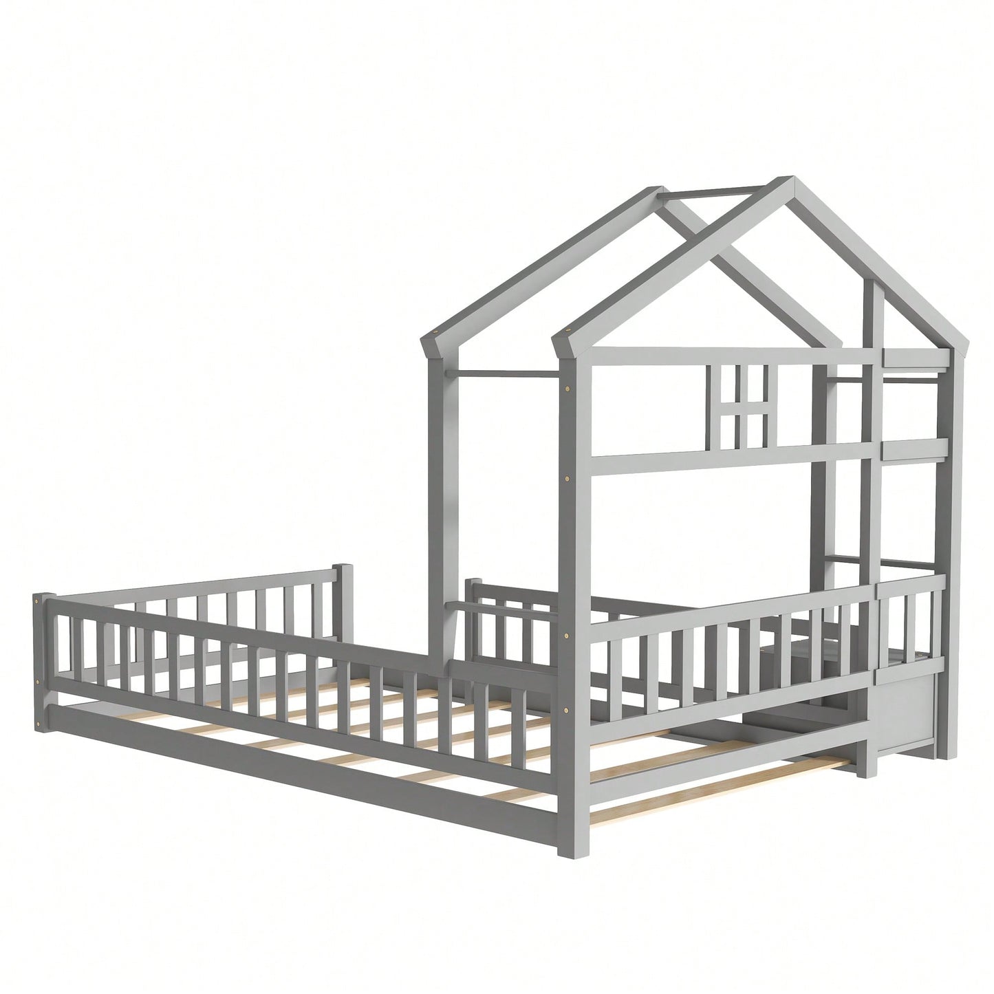 Cozy Twin Size House-Shaped Bed Frame With Guardrails, Slats, And Nightstand - Gray Finish
