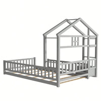 Cozy Twin Size House-Shaped Bed Frame With Guardrails, Slats, And Nightstand - Gray Finish