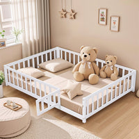 Cozy Montessori Floor Bed For Kids With Fence & Door – Safe Wooden Platform Frame For Toddlers, Stylish White Design