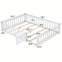 Cozy Montessori Floor Bed For Kids With Fence & Door – Safe Wooden Platform Frame For Toddlers, Stylish White Design