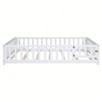 Cozy Montessori Floor Bed For Kids With Fence & Door – Safe Wooden Platform Frame For Toddlers, Stylish White Design