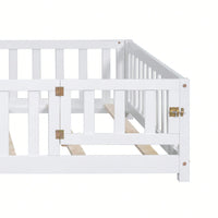 Cozy Montessori Floor Bed For Kids With Fence & Door – Safe Wooden Platform Frame For Toddlers, Stylish White Design
