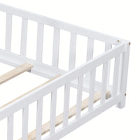 Cozy Montessori Floor Bed For Kids With Fence & Door – Safe Wooden Platform Frame For Toddlers, Stylish White Design