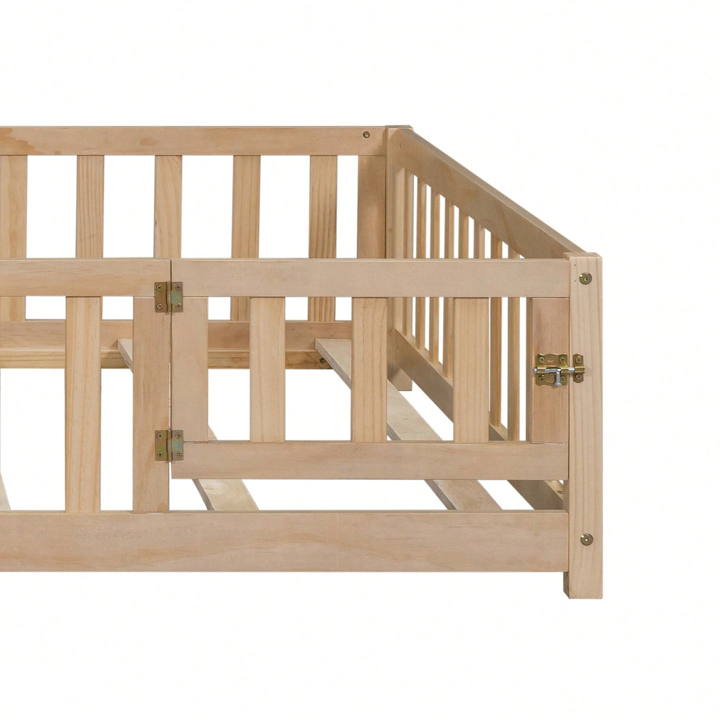 Cozy Montessori Floor Bed For Kids With Fence & Door – Safe Wooden Platform Frame For Toddlers, Stylish White Design