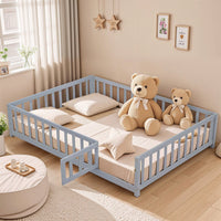 Cozy Montessori Floor Bed For Kids With Fence & Door – Safe Wooden Platform Frame For Toddlers, Stylish White Design