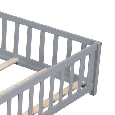 Cozy Montessori Floor Bed For Kids With Fence & Door – Safe Wooden Platform Frame For Toddlers, Stylish White Design