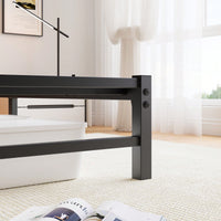 Elegant Queen Size Metal Bed Frame With Wooden Headboard, RGB LED Lights, USB Charger, Storage Shelf, Noise-Free Design, No Box Spring Required, Sleek Black Finish