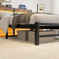 Elegant Queen Size Metal Bed Frame With Wooden Headboard, RGB LED Lights, USB Charger, Storage Shelf, Noise-Free Design, No Box Spring Required, Sleek Black Finish