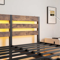 Elegant Queen Size Metal Bed Frame With Wooden Headboard, RGB LED Lights, USB Charger, Storage Shelf, Noise-Free Design, No Box Spring Required, Sleek Black Finish