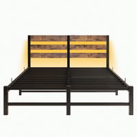Elegant Queen Size Metal Bed Frame With Wooden Headboard, RGB LED Lights, USB Charger, Storage Shelf, Noise-Free Design, No Box Spring Required, Sleek Black Finish