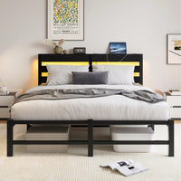 Elegant Queen Size Metal Bed Frame With Wooden Headboard, RGB LED Lights, USB Charger, Storage Shelf, Noise-Free Design, No Box Spring Required, Sleek Black Finish