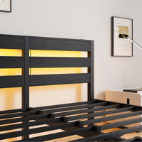 Elegant Queen Size Metal Bed Frame With Wooden Headboard, RGB LED Lights, USB Charger, Storage Shelf, Noise-Free Design, No Box Spring Required, Sleek Black Finish