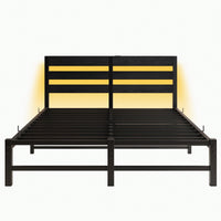 Elegant Queen Size Metal Bed Frame With Wooden Headboard, RGB LED Lights, USB Charger, Storage Shelf, Noise-Free Design, No Box Spring Required, Sleek Black Finish