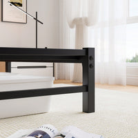 Elegant Queen Size Metal Bed Frame With Wooden Headboard, RGB LED Lights, USB Charger, Storage Shelf, Noise-Free Design, No Box Spring Required, Sleek Black Finish
