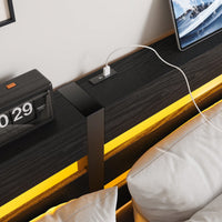 Elegant Queen Size Metal Bed Frame With Wooden Headboard, RGB LED Lights, USB Charger, Storage Shelf, Noise-Free Design, No Box Spring Required, Sleek Black Finish