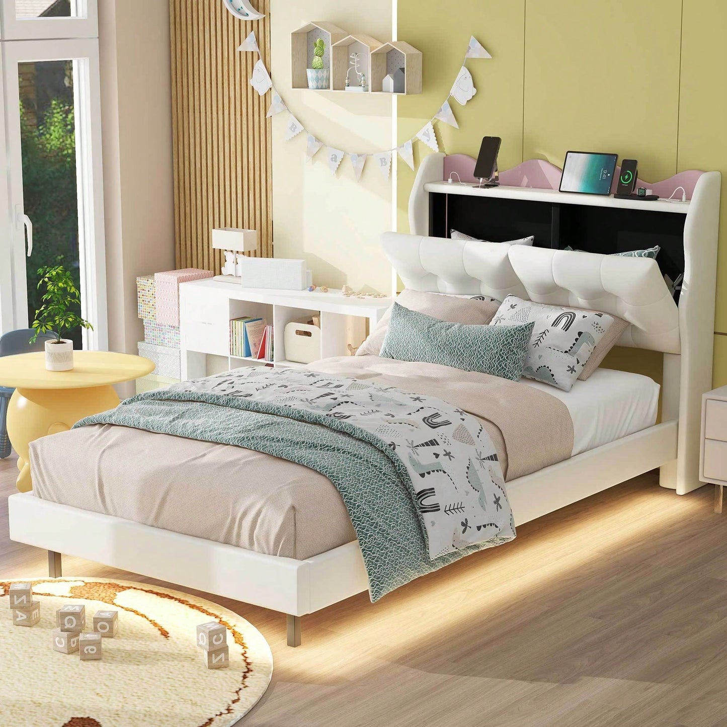 Elegant Twin Size Upholstered Platform Bed Frame With LED Lights, Stylish Headboard Storage, And Dual USB Charging Ports In Beige