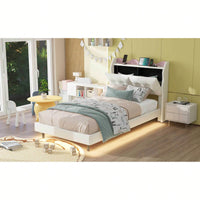 Elegant Twin Size Upholstered Platform Bed Frame With LED Lights, Stylish Headboard Storage, And Dual USB Charging Ports In Beige