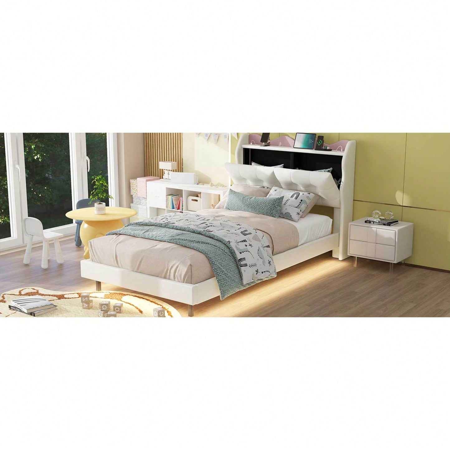 Elegant Twin Size Upholstered Platform Bed Frame With LED Lights, Stylish Headboard Storage, And Dual USB Charging Ports In Beige