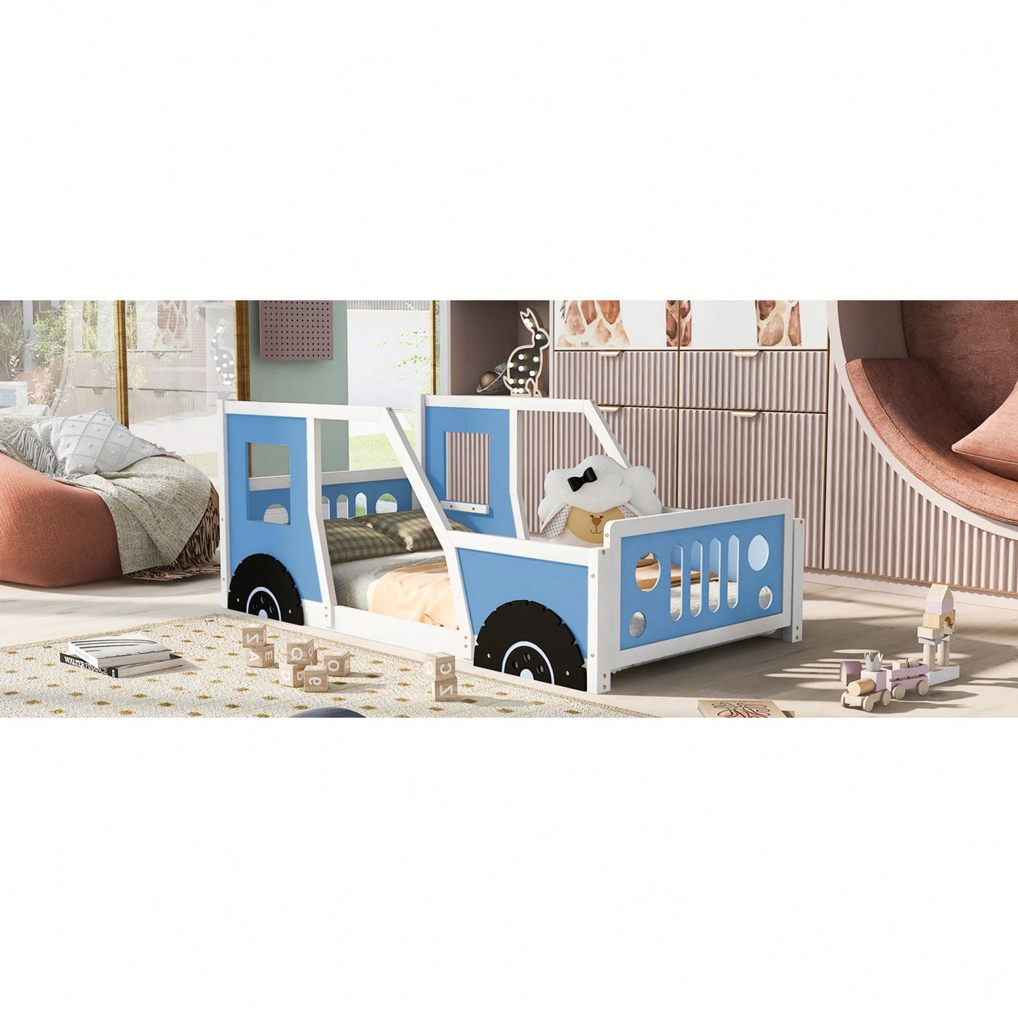 Classic Car-Inspired Twin Size Platform Bed With Wheels In Blue - Fun And Stylish Kids' Furniture