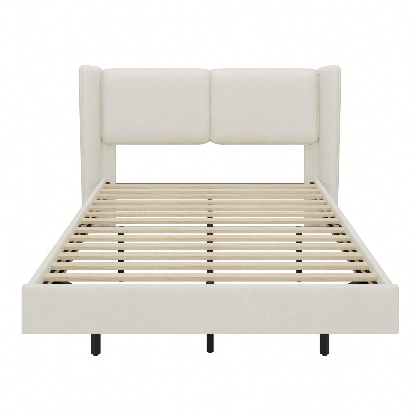 Modern Velvet Floating Bed Frame With LED Lights - Wingback Upholstered Queen Size, No Box Spring Required, Beige