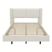 Modern Velvet Floating Bed Frame With LED Lights - Wingback Upholstered Queen Size, No Box Spring Required, Beige