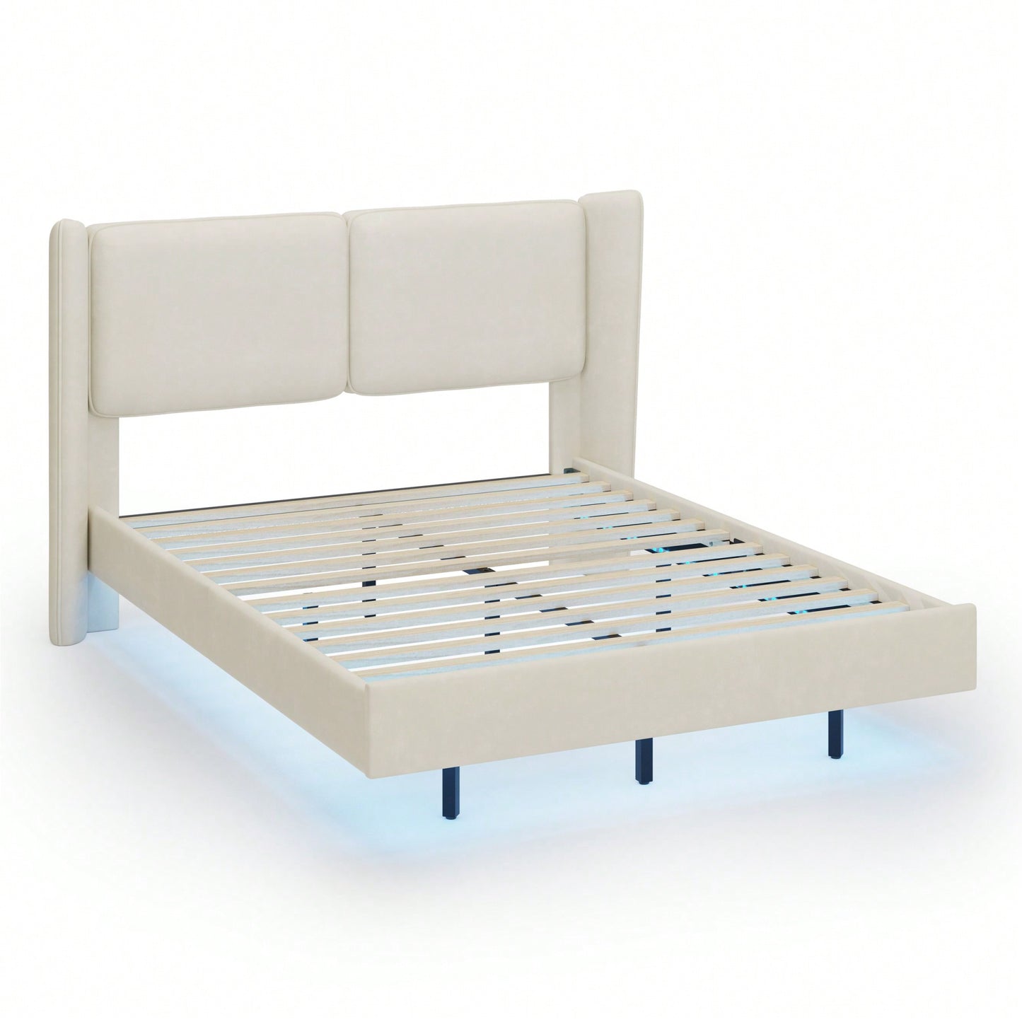 Modern Velvet Floating Bed Frame With LED Lights - Wingback Upholstered Queen Size, No Box Spring Required, Beige