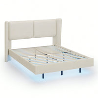 Modern Velvet Floating Bed Frame With LED Lights - Wingback Upholstered Queen Size, No Box Spring Required, Beige