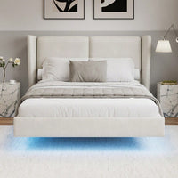 Modern Velvet Floating Bed Frame With LED Lights - Wingback Upholstered Queen Size, No Box Spring Required, Beige