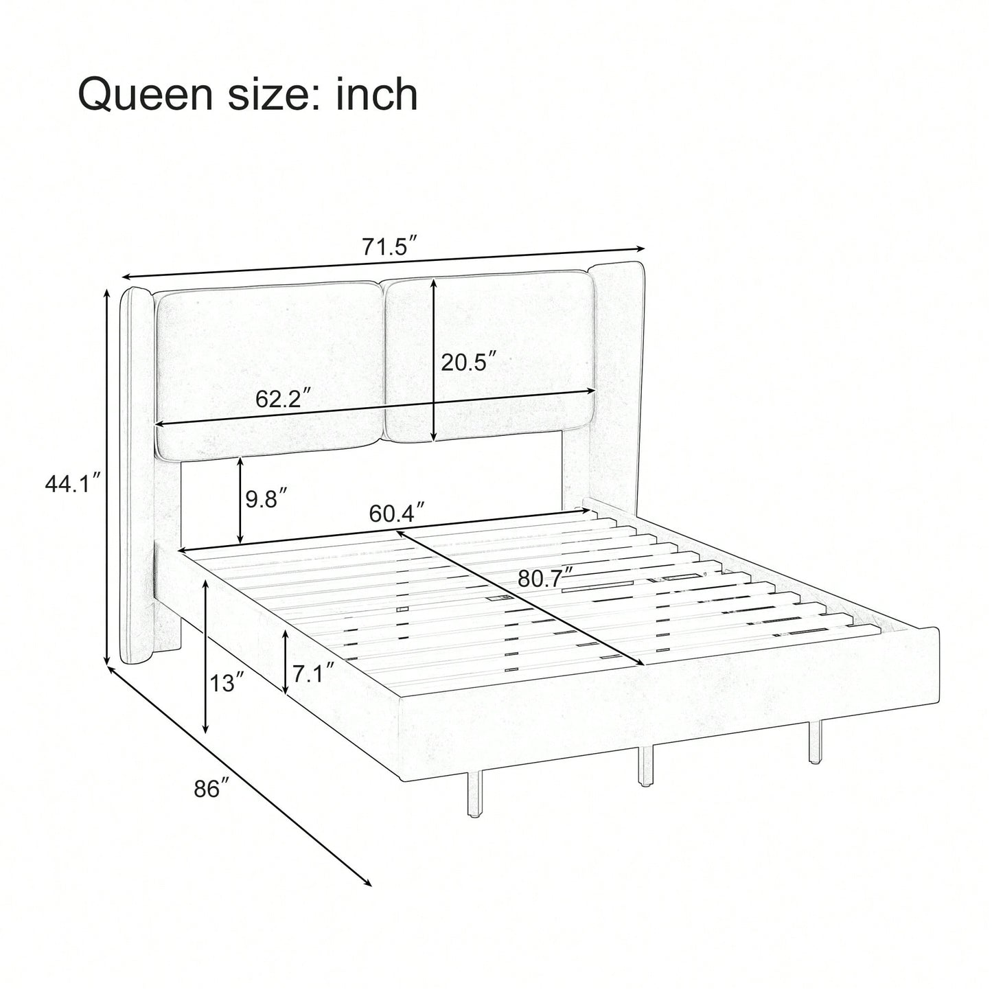 Modern Velvet Floating Bed Frame With LED Lights - Wingback Upholstered Queen Size, No Box Spring Required, Beige