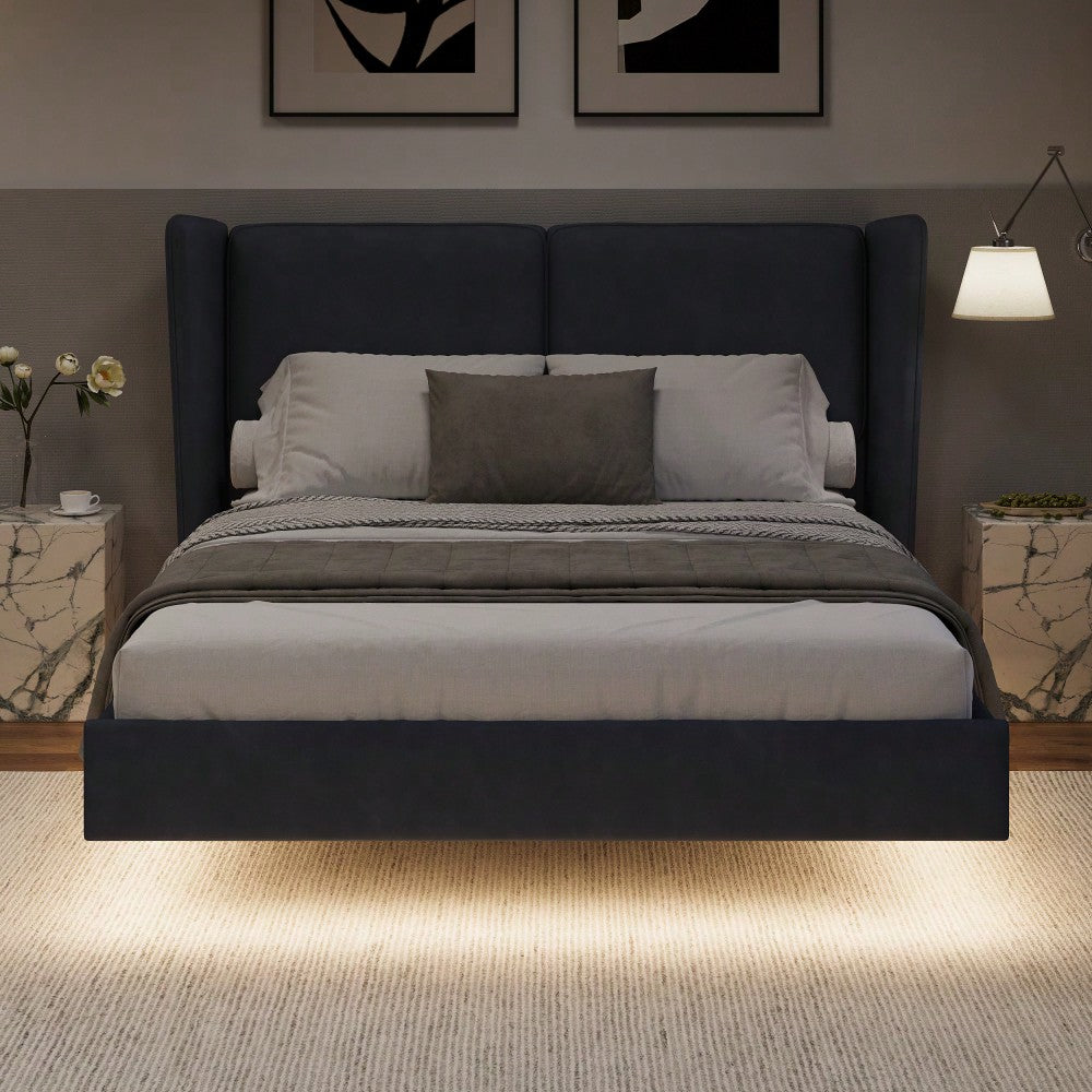 Modern Velvet Floating Bed Frame With LED Lights - Wingback Upholstered Queen Size, No Box Spring Required, Beige