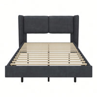 Modern Velvet Floating Bed Frame With LED Lights - Wingback Upholstered Queen Size, No Box Spring Required, Beige