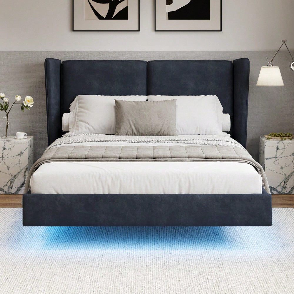 Modern Velvet Floating Bed Frame With LED Lights - Wingback Upholstered Queen Size, No Box Spring Required, Beige