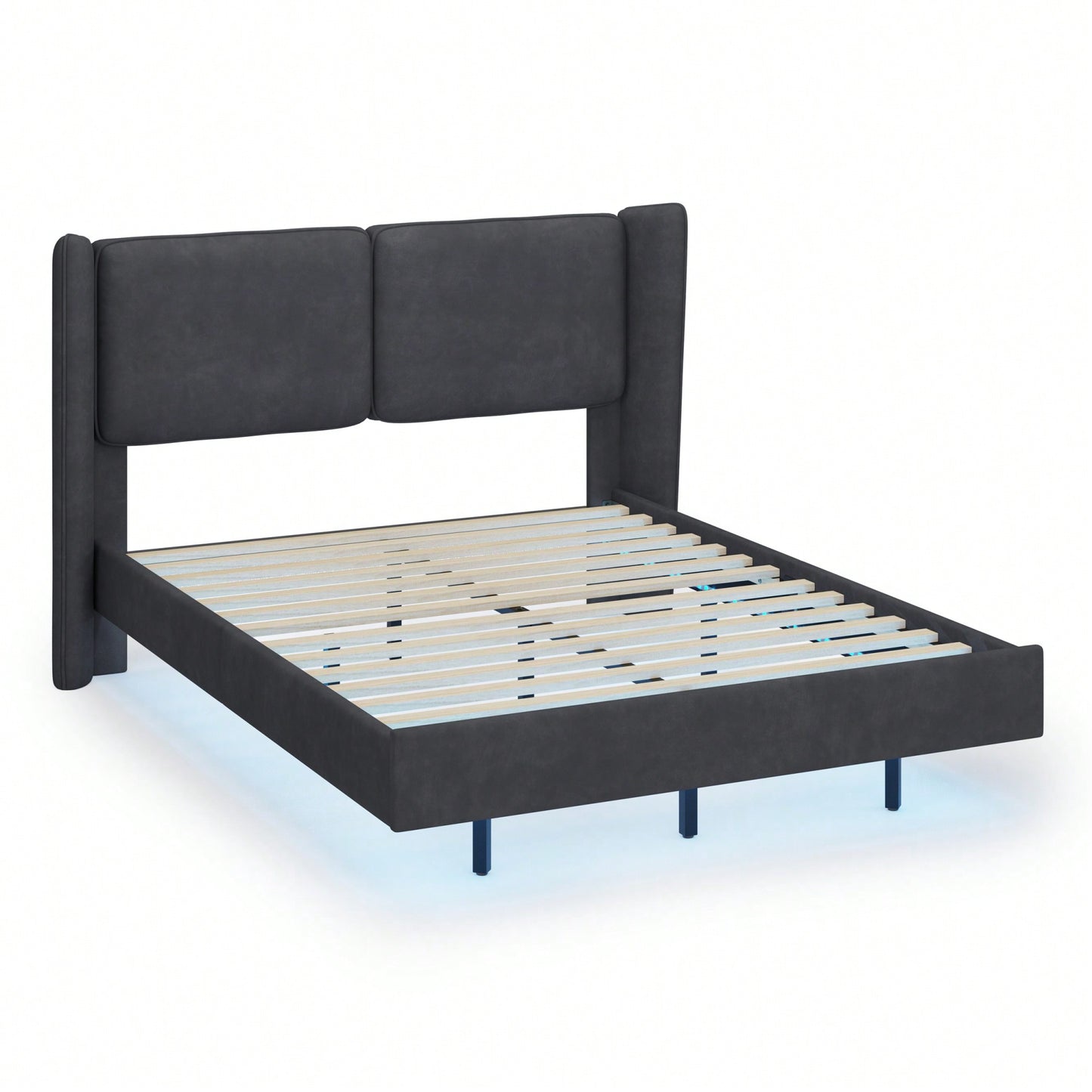 Modern Velvet Floating Bed Frame With LED Lights - Wingback Upholstered Queen Size, No Box Spring Required, Beige