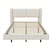 Contemporary Velvet Floating Bed Frame With LED Lights - Wingback Upholstered Full Size No Box Spring Needed In Beige