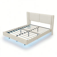 Contemporary Velvet Floating Bed Frame With LED Lights - Wingback Upholstered Full Size No Box Spring Needed In Beige