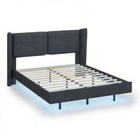 Contemporary Velvet Floating Bed Frame With LED Lights - Wingback Upholstered Full Size No Box Spring Needed In Beige