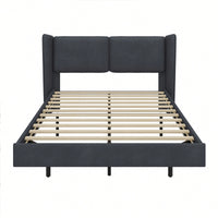 Contemporary Velvet Floating Bed Frame With LED Lights - Wingback Upholstered Full Size No Box Spring Needed In Beige