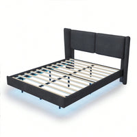 Contemporary Velvet Floating Bed Frame With LED Lights - Wingback Upholstered Full Size No Box Spring Needed In Beige