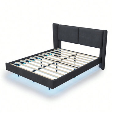 Contemporary Velvet Floating Bed Frame With LED Lights - Wingback Upholstered Full Size No Box Spring Needed In Beige
