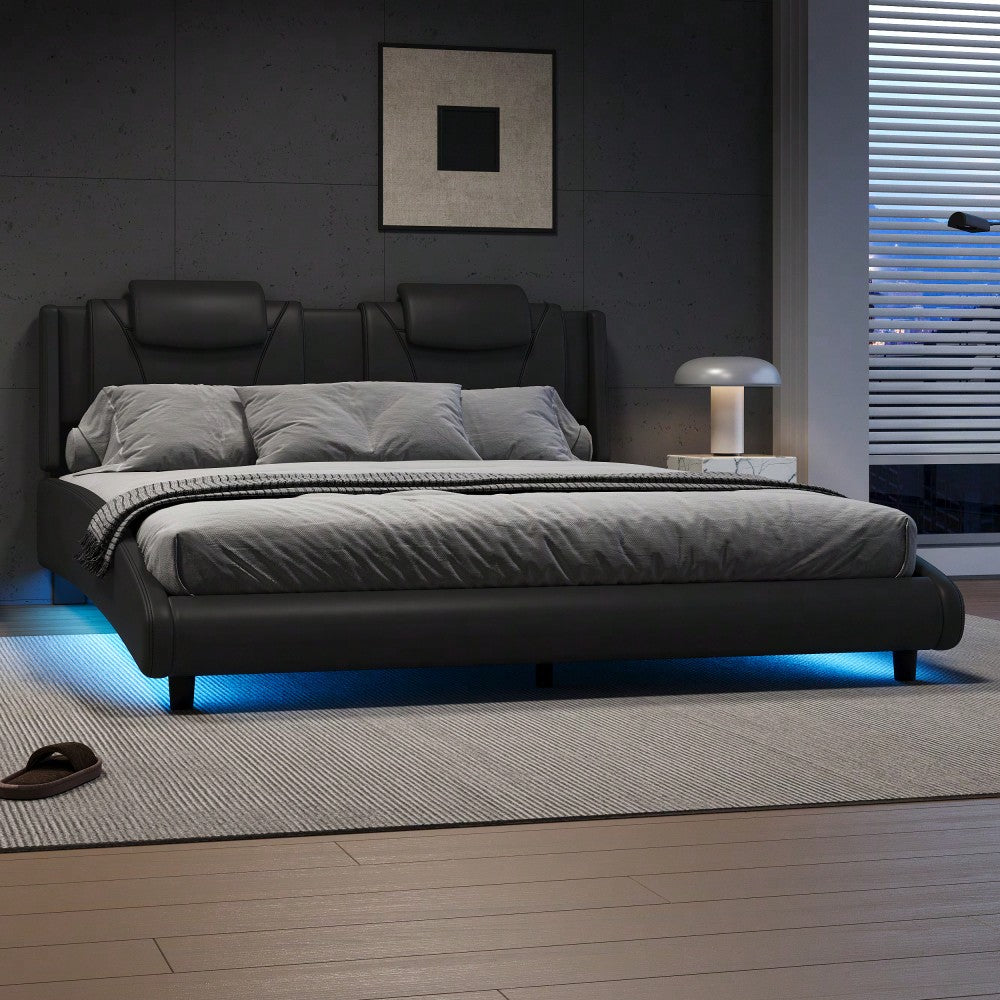 Modern Faux Leather Platform Bed Frame With LED Lights And Adjustable Headboard - Full Size, No Box Spring Required - Black