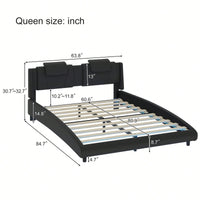 Modern Faux Leather Queen Bed Frame With LED Lighting And Adjustable Headboard – No Box Spring Required, Sleek Black Design