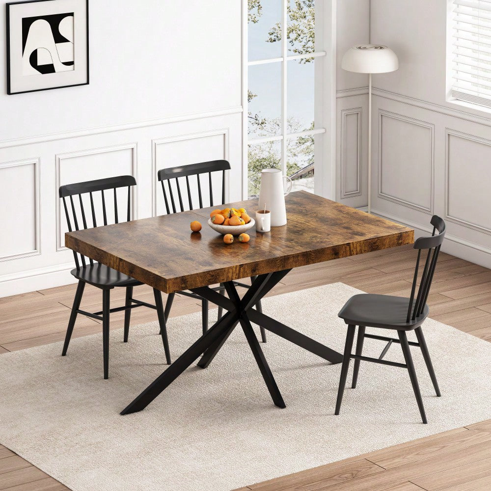 Vintage Rectangular Stretch Dining Table With Antique Wood Top And Black Relief Plate, Featuring Sturdy Iron Base And Convenient Storage Box – Perfect For Stylish Dining Spaces