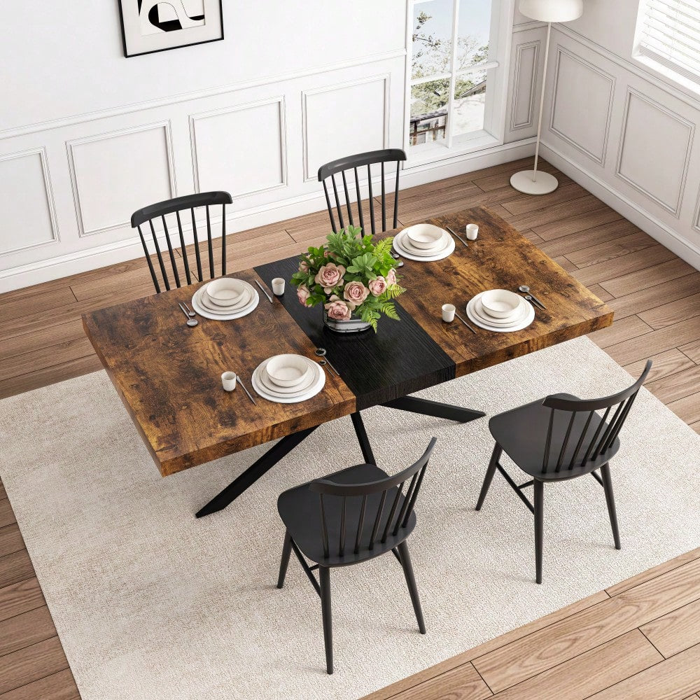 Vintage Rectangular Stretch Dining Table With Antique Wood Top And Black Relief Plate, Featuring Sturdy Iron Base And Convenient Storage Box – Perfect For Stylish Dining Spaces