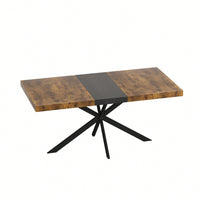 Vintage Rectangular Stretch Dining Table With Antique Wood Top And Black Relief Plate, Featuring Sturdy Iron Base And Convenient Storage Box – Perfect For Stylish Dining Spaces