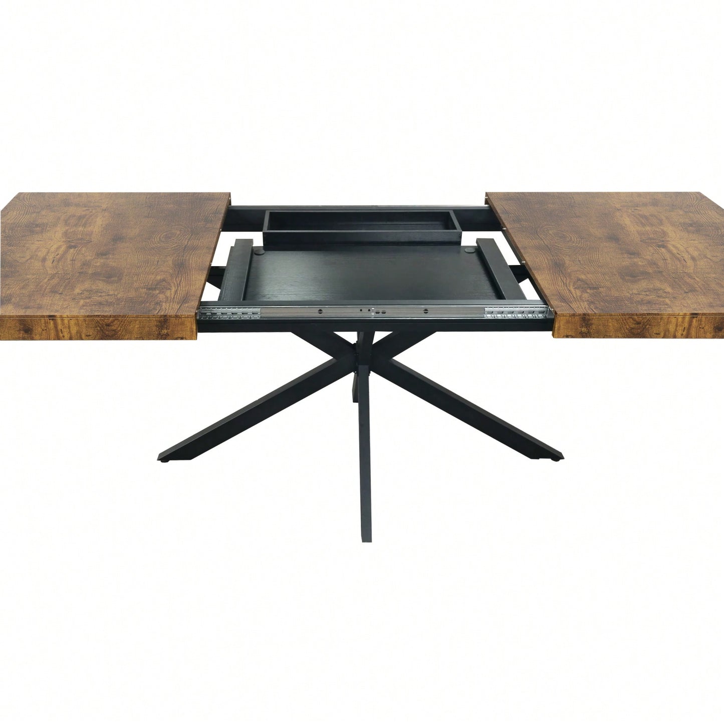 Vintage Rectangular Stretch Dining Table With Antique Wood Top And Black Relief Plate, Featuring Sturdy Iron Base And Convenient Storage Box – Perfect For Stylish Dining Spaces