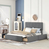 Stylish Grey Queen Size Upholstered Platform Bed With Dual Storage Drawers And Adjustable Headboard