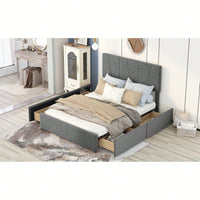 Stylish Grey Queen Size Upholstered Platform Bed With Dual Storage Drawers And Adjustable Headboard